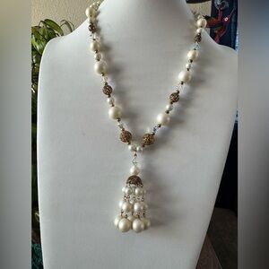 Vintage Pearl, Gold and Faceted AB Beaded Tassel Necklace